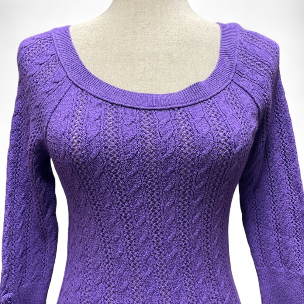 American Eagle Outfitters Y2K Style Purple Cable Knit 3/4 Sleeve Skinny Sweater - Picture 2 of 10